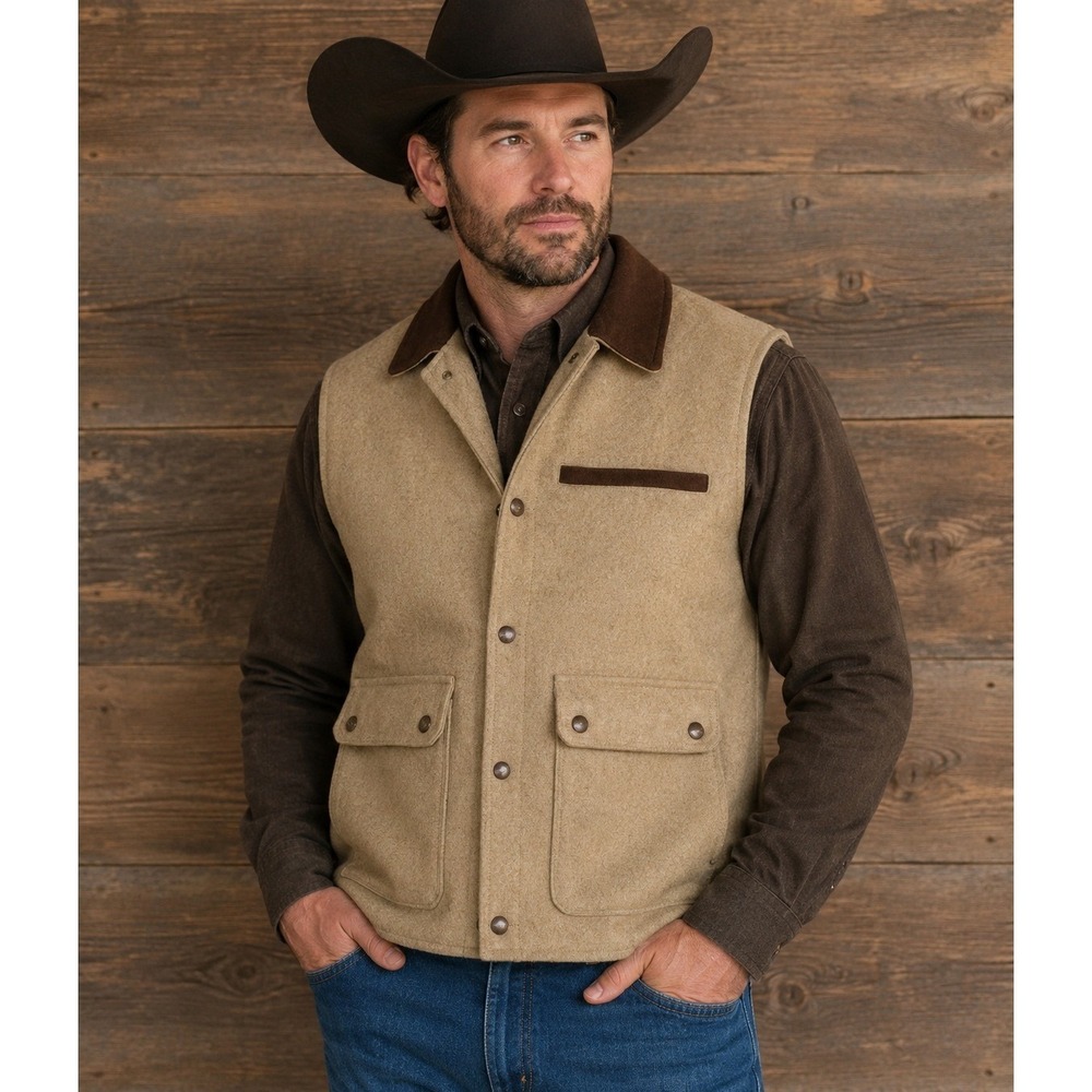 Cripple Creek Men's M Tan Wool Blend Western Vest Suede Trim Quilted Lining Work